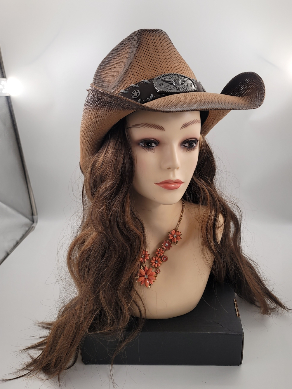 Sythetic WIG - Western Straw Cowboy Hat - built-in hair
